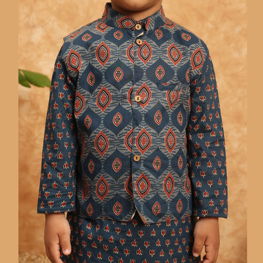 Boys Straight Style Cotton Fabric Blue Color Kurta and Pyjama with Nehru jacket - Mitthu Kids Ethnic Wear