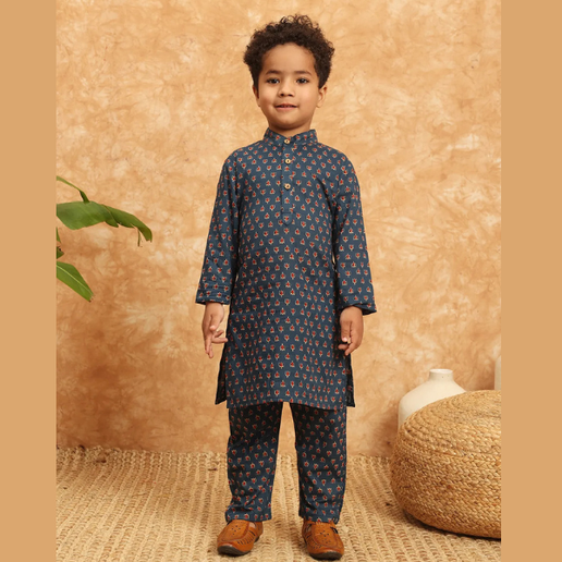 Boys Straight Style Cotton Fabric Blue Color Kurta and Pyjama with Nehru jacket - Mitthu Kids Ethnic Wear