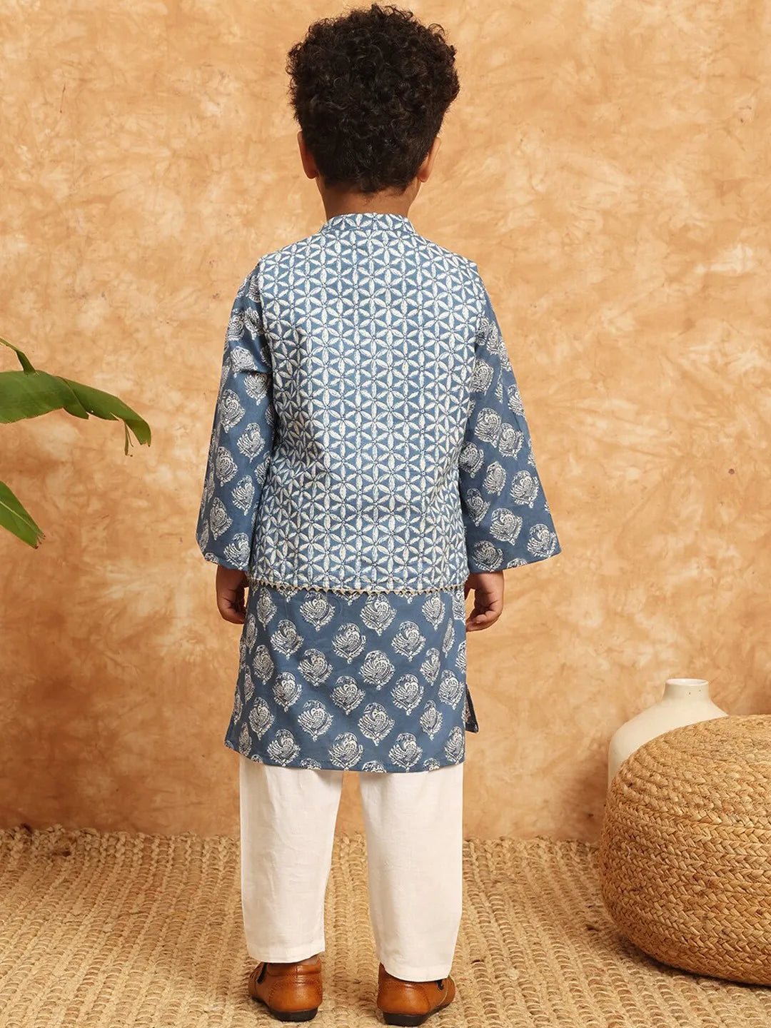 Shop in Canada Boys Blue Cotton Kurta & Pyjama, paired with a Nehru jacket/Waistcoat.