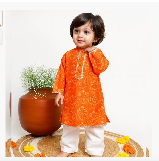 Boys Fancy Saffron Kurta & Pyjama - Ganesh Print - Infant - Mitthu Kids Ethnic Wear