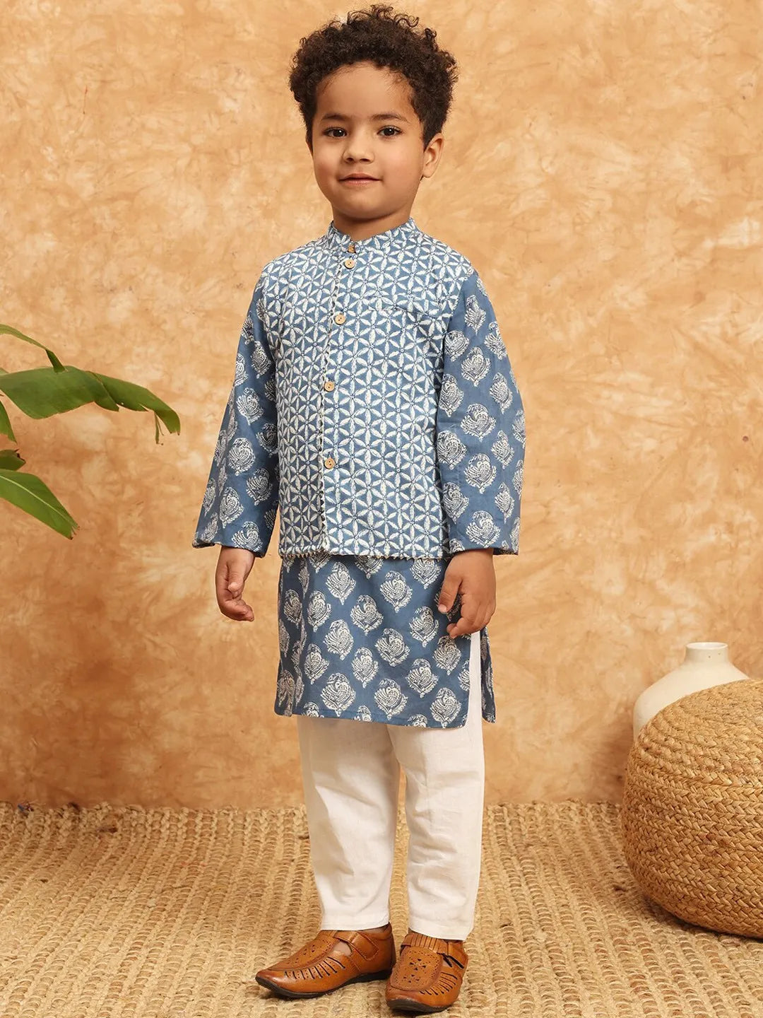 Shop in Canada Boys Blue Cotton Kurta & Pyjama, paired with jacket/Waistcoat.
