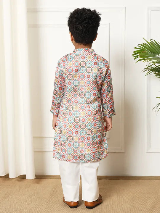 Boys Kurta & Pyjama Printed Kota Doria Fabric- Multi Colour - Infant - Mitthu Kids Ethnic Wear