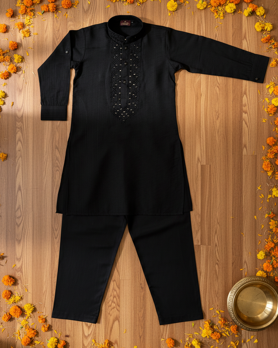 Boys Mirror Work Kurta Set- Black - Infant - Mitthu Kids Ethnic Wear