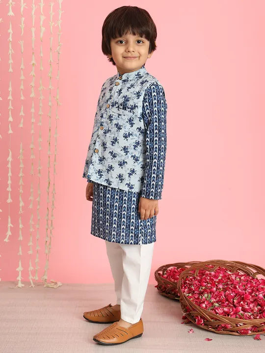 Boys Cotton Kurta Pyjama with Nehru waistcoat. Perfect Indian outfit for diwali & pooja in Canada