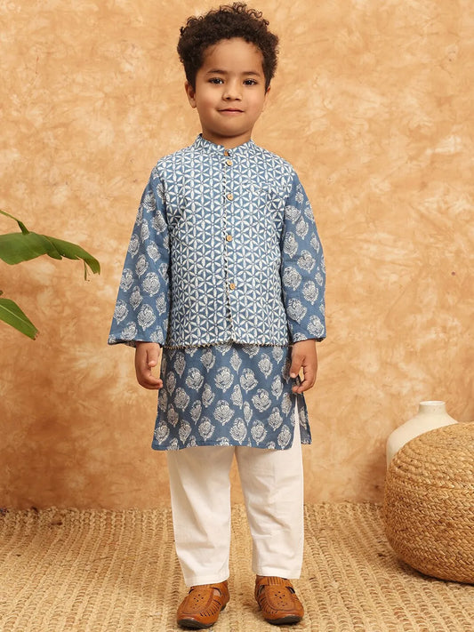 Shop in Canada Boys Blue Cotton Kurta & Pyjama, paired with a Nehru jacket/Waistcoat.