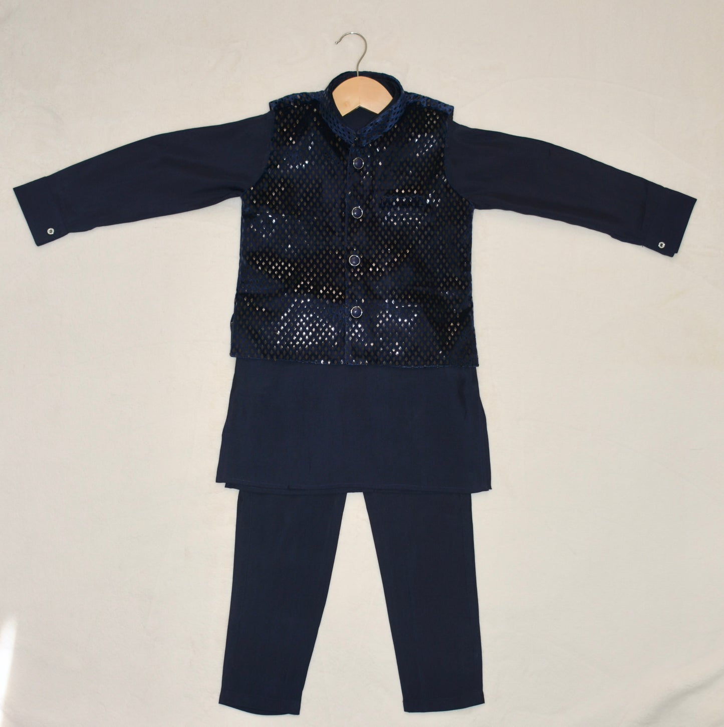Boys' blue Kurta Pyjama with Waistcoat Jacket, traditional Indian Pakistani outfit for weddings & festivals.