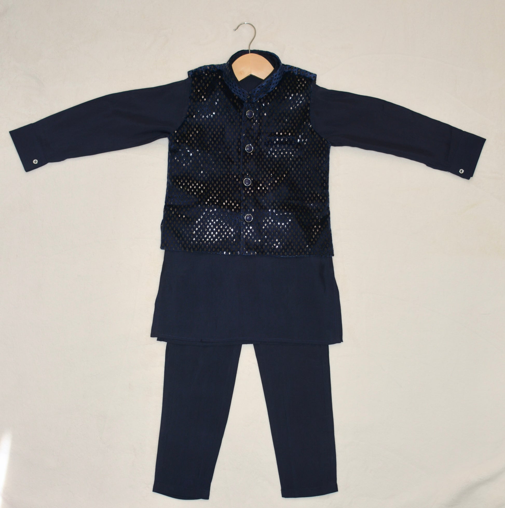 Boys' blue Kurta Pyjama with Waistcoat Jacket, traditional Indian Pakistani outfit for weddings & festivals.
