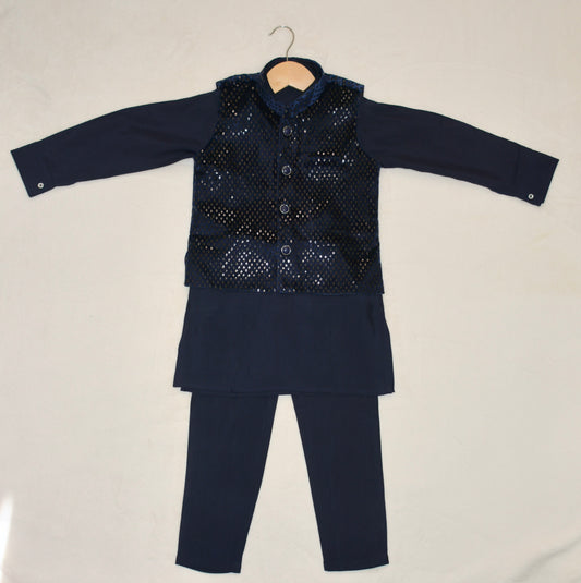 Boys' blue Kurta Pyjama with Waistcoat Jacket, traditional Indian Pakistani outfit for weddings & festivals.
