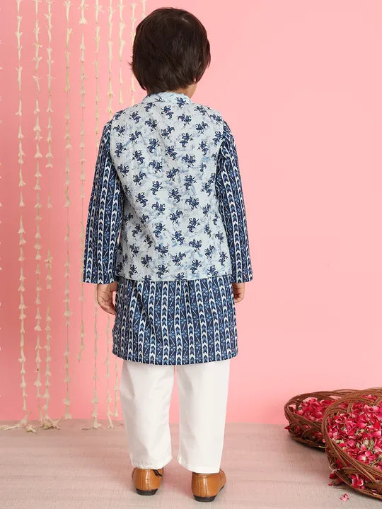 Boys Cotton Kurta & Pyjama with Nehru jacket - Ink Blue & white - Mitthu Kids Ethnic Wear