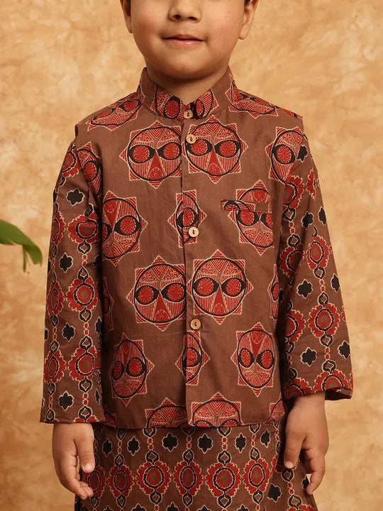 Boys Straight Style Cotton Kurta & Pyjama with Nehru jacket - Ember Brown - Infant - Mitthu Kids Ethnic Wear