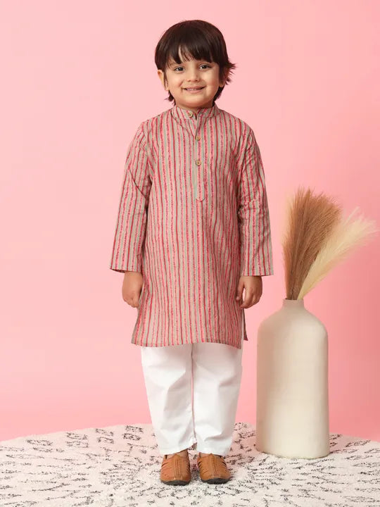 Boys Kurta & Pyjama Printed Cotton Fabric -  Grey & Red Striped - Infant - Mitthu Kids Ethnic Wear