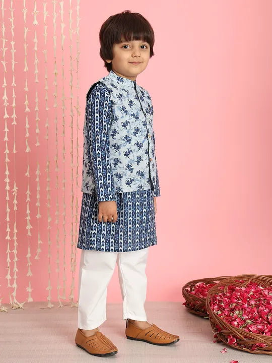 Jaipuri Boys Cotton Kurta Pyjama with Nehru waistcoat. Perfect Indian outfit for diwali & pooja in Canada