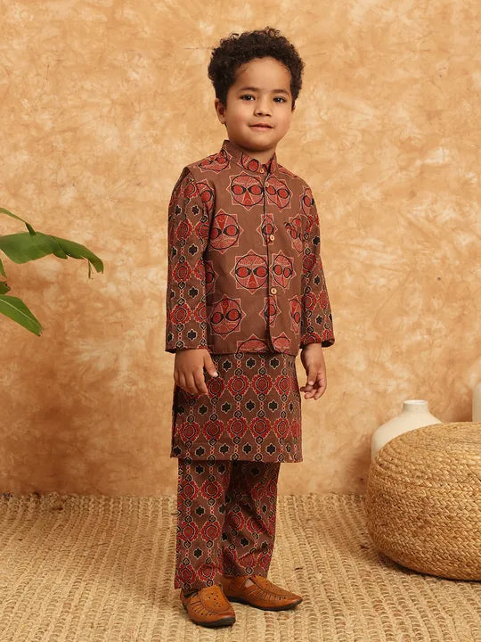 Boys Straight Style Cotton Kurta & Pyjama with Nehru jacket - Ember Brown - Infant - Mitthu Kids Ethnic Wear