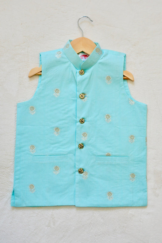 Boys' Nehru jacket in light blue & silver. Perfect for festivals & celebrations, sizes 1-10Y. Indian dress/eastern outfit.