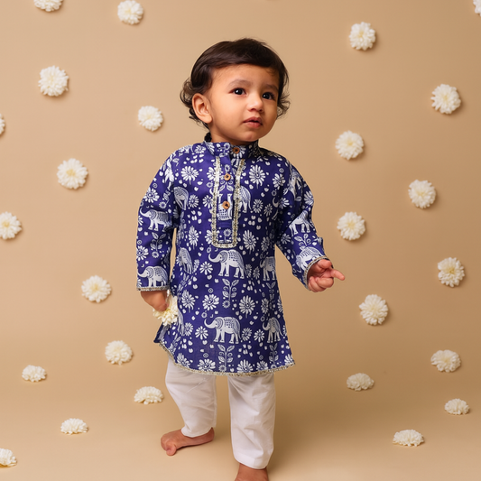 Boys elephant print kurta pajama Indian outfit for babies & toddlers in Canada, perfect festive wear for Diwali, weddings & puja.