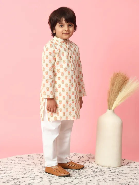 Boys Indian Kurta Pajama Dress for Diwali_Cream Colour_Floral Pattern_in Canada