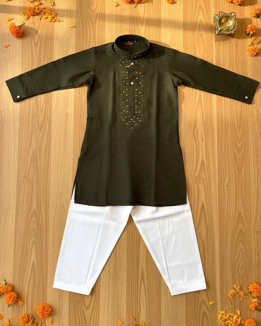 Boys Mirror Work Kurta Set- Mehndi Green - Infant - Mitthu Kids Ethnic Wear