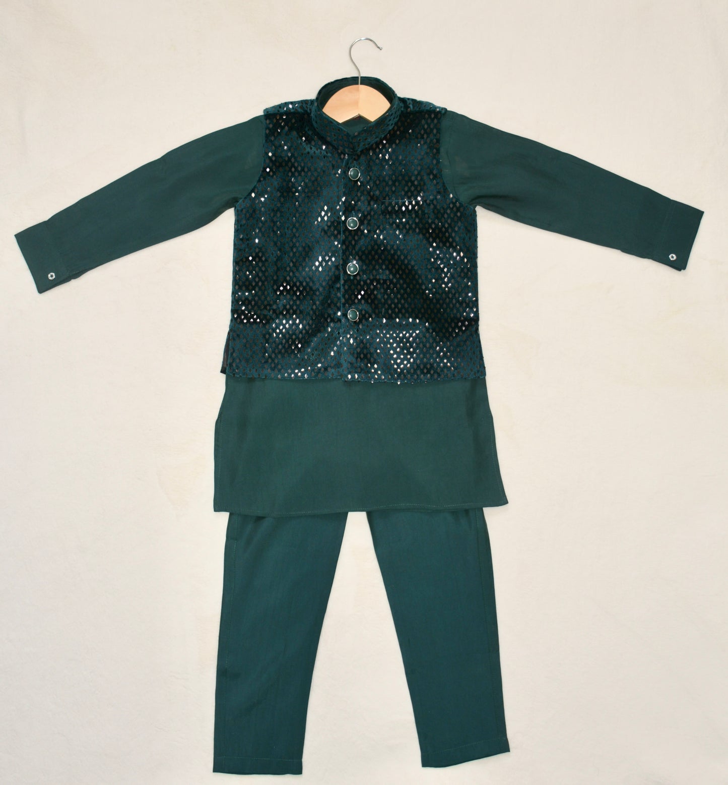 Boys' green Kurta Pyjama with Waistcoat Jacket, traditional Indian Pakistani outfit for weddings & festivals.