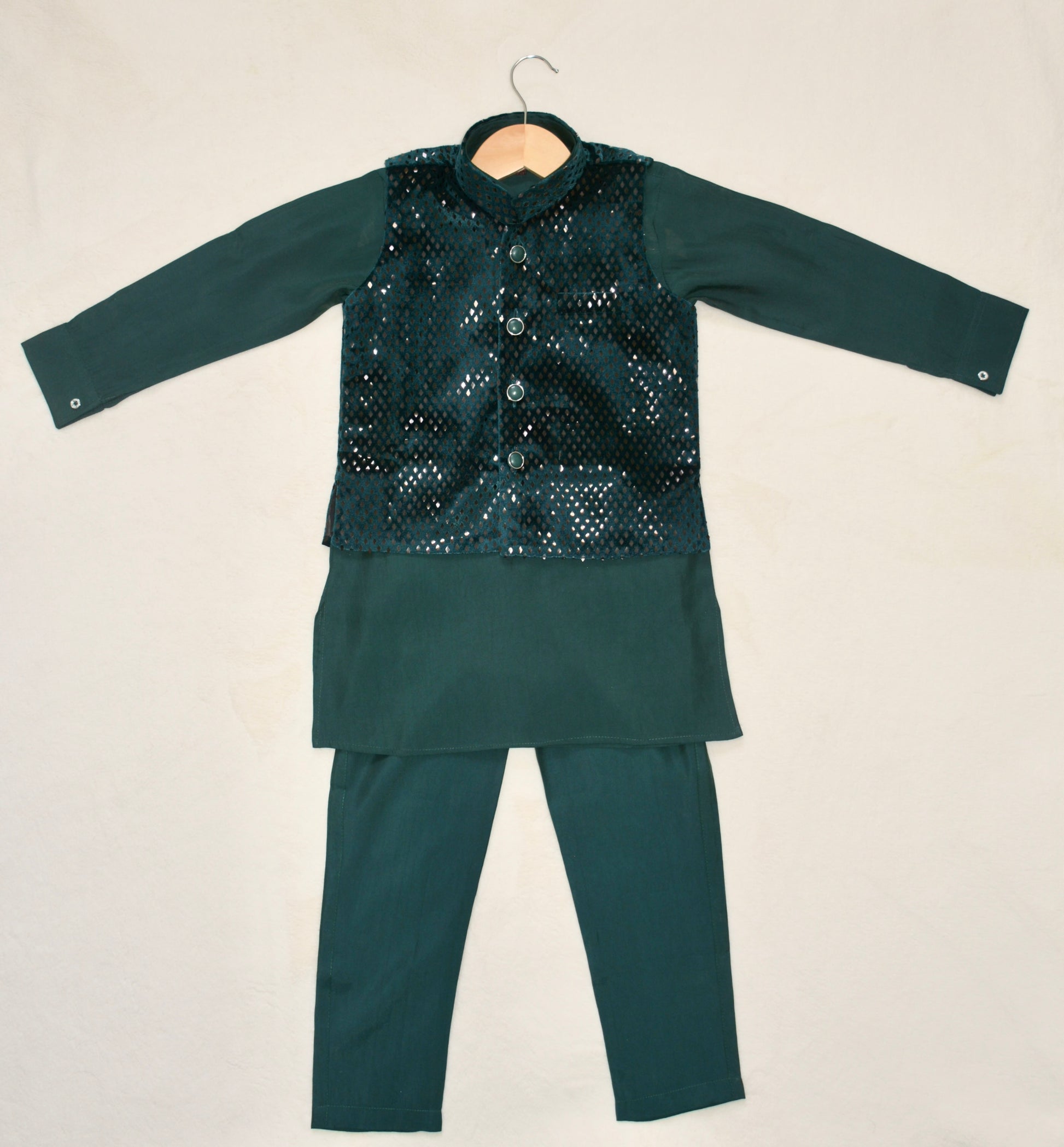 Boys' green Kurta Pyjama with Waistcoat Jacket, traditional Indian Pakistani outfit for weddings & festivals.