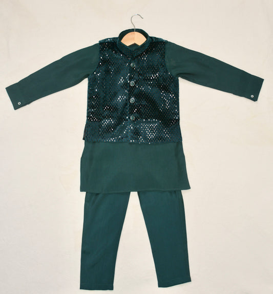 Boys' green Kurta Pyjama with Waistcoat Jacket, traditional Indian Pakistani outfit for weddings & festivals.