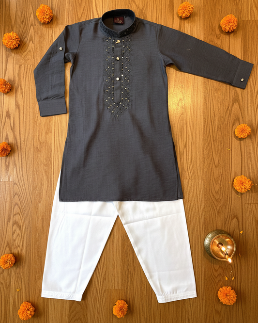 Boys Mirror Work Kurta Set- Steel Grey - Infant