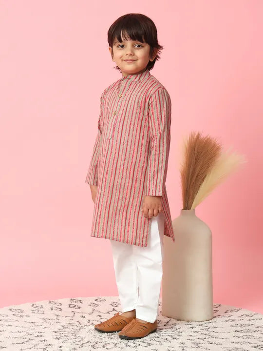 Boys Kurta & Pyjama Printed Cotton Fabric -  Grey & Red Striped - Infant - Mitthu Kids Ethnic Wear