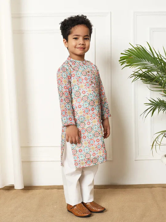 Boys Kurta & Pyjama Printed Kota Doria Fabric- Multi Colour - Infant - Mitthu Kids Ethnic Wear