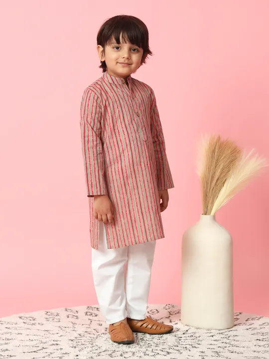 Boys Kurta & Pyjama Printed Cotton Fabric -  Grey & Red Striped - Infant - Mitthu Kids Ethnic Wear