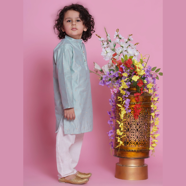 Boys Chanderi Silk Kurta Pyjama -Dolphin Blue - Mitthu Kids Ethnic Wear