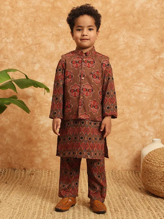 Boys Straight Style Cotton Kurta & Pyjama with Nehru jacket - Ember Brown - Infant - Mitthu Kids Ethnic Wear
