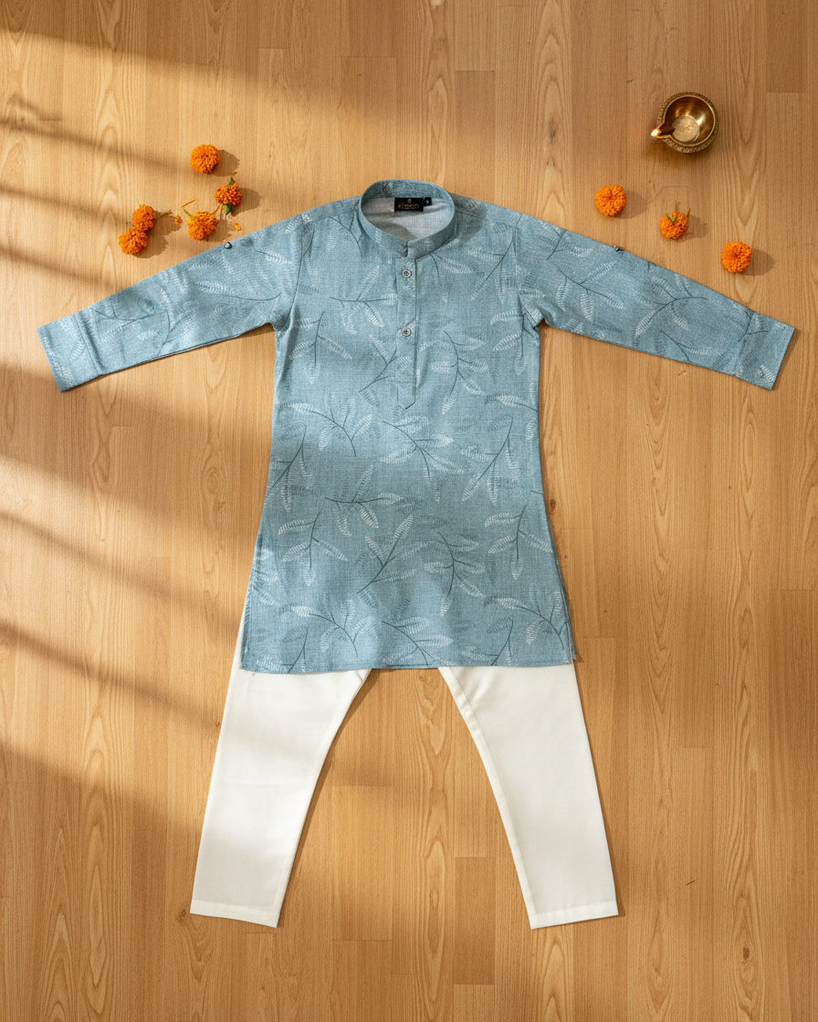 Boys Printed Cotton Kurta Pyjama Set- Light Blue - Infant - Mitthu Kids Ethnic Wear