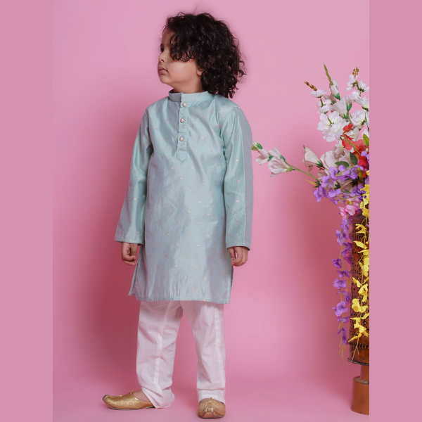 Boys Chanderi Silk Kurta Pyjama -Dolphin Blue - Mitthu Kids Ethnic Wear
