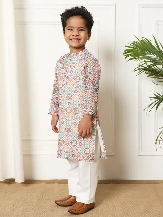 Boys Kurta & Pyjama Printed Kota Doria Fabric- Multi Colour - Infant - Mitthu Kids Ethnic Wear