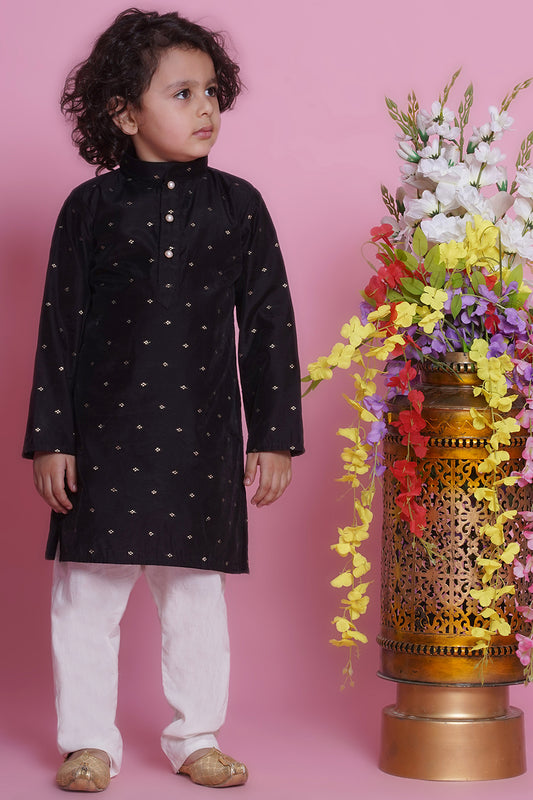 Black silk kurta pajama set for kids. Elegant Indian ethnic wear perfect for weddings, Diwali, Eid, and festive celebrations in Canada.