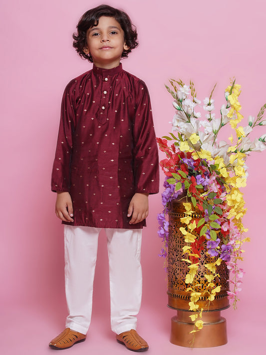 Maroon silk kurta pajama for kids. Elegant Indian ethnic wear perfect for weddings, Diwali, Eid, and festive celebrations in Canada.