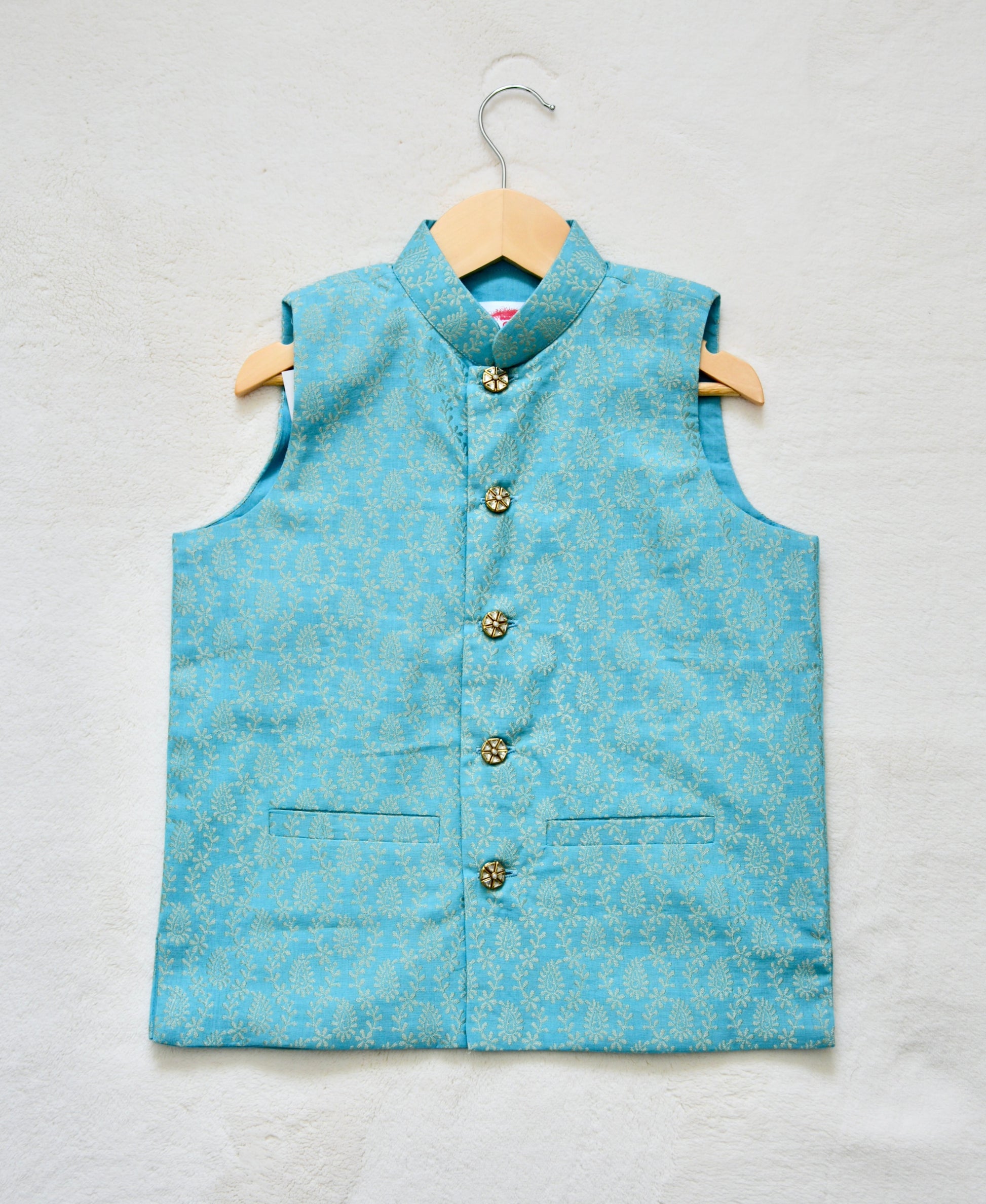 Modi jacket bandis for kids aged 1–10. Banarasi silk waistcoats for Indian weddings, festivals & celebrations. Elegant ethnic outfit.
