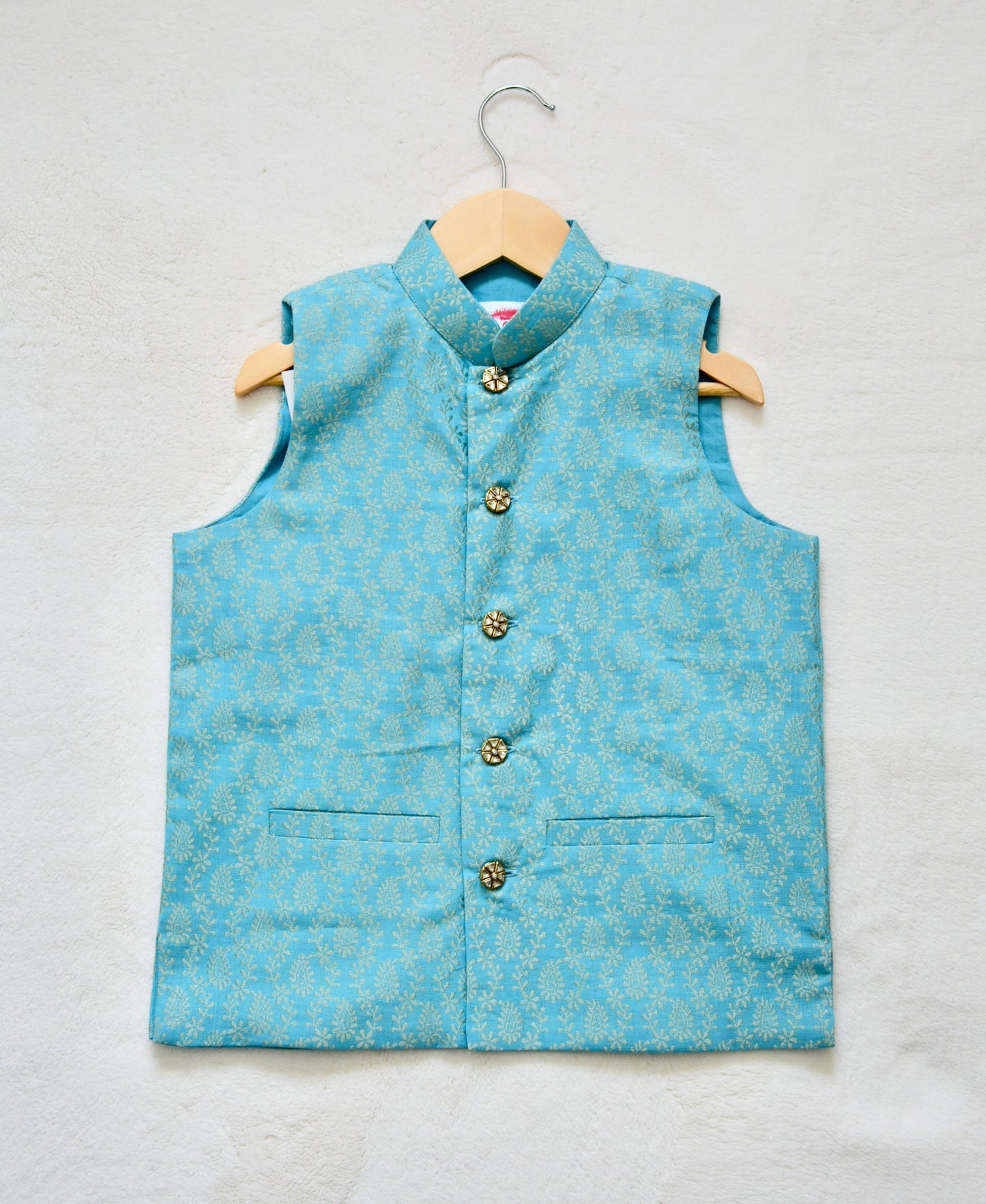 Boys Silk Nehru Jacket / Waistcoat- Light Blue & Gold - Infant
