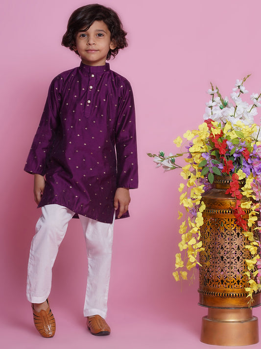 Purple Chanderi silk kurta with cotton pyjama for kids. Perfect Indian ethnic wear for weddings, Diwali, Puja & festive occasions.