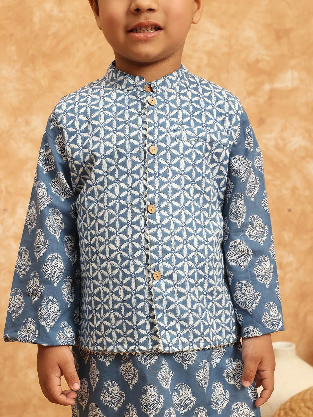 Shop in Canada Boys Blue Cotton Kurta & Pyjama, paired with a Nehru jacket/Waistcoat.