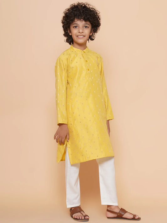 Boys Yellow Silk Kurta with Pyjama from Mitthu Kids Ethnic Wear, Canada - Traditional attire for kids.