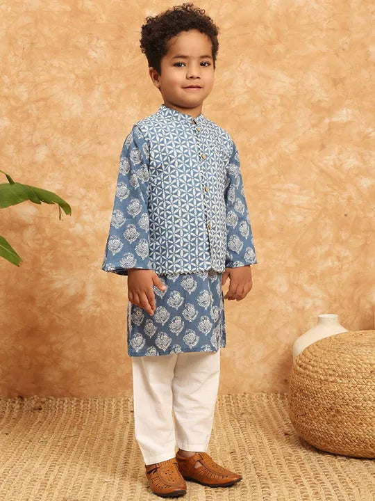 Shop in Canada Boys Blue Cotton Kurta & Pyjama, paired with a Nehru jacket/Waistcoat.