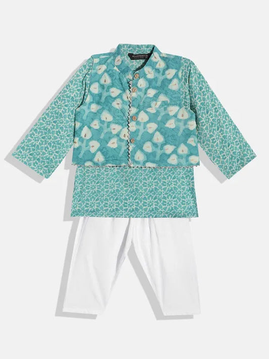 Boys Straight Style Cotton Kurta & Pyjama with Nehru jacket - Turquoise - Infant