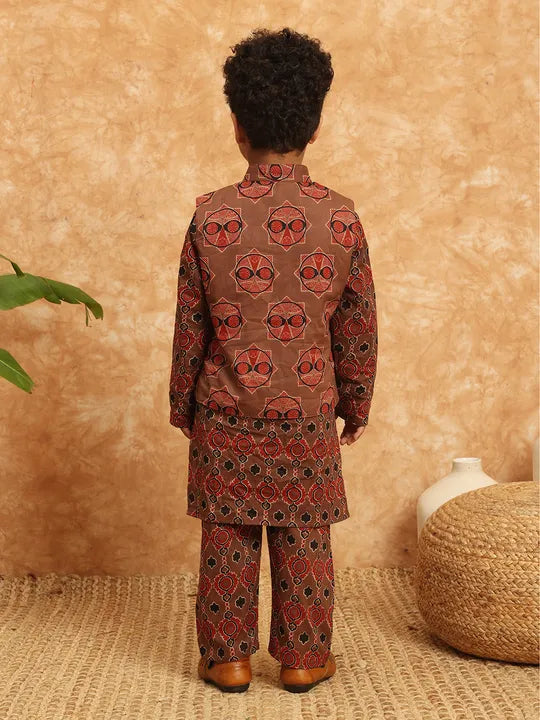 Boys Straight Style Cotton Kurta & Pyjama with Nehru jacket - Ember Brown - Infant - Mitthu Kids Ethnic Wear