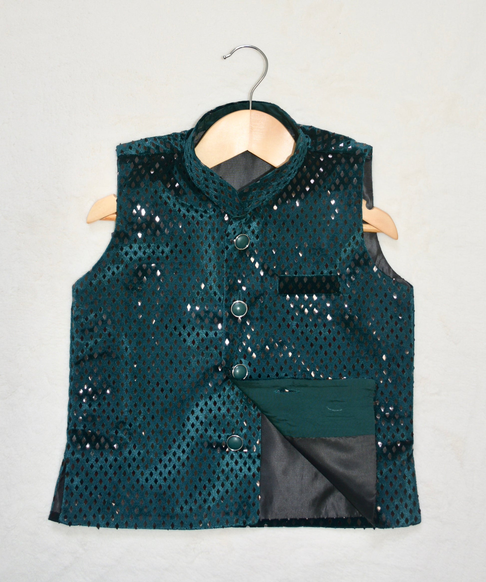 Boys Straight style Cotton Kurta & Pants with Waistcoat Bundi- Deep Sea Green - Mitthu Kids Ethnic Wear