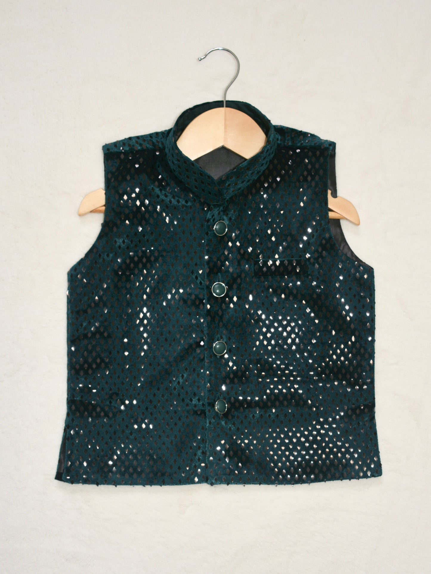 Boys Straight style Cotton Kurta & Pants with Waistcoat Bundi- Deep Sea Green - Mitthu Kids Ethnic Wear