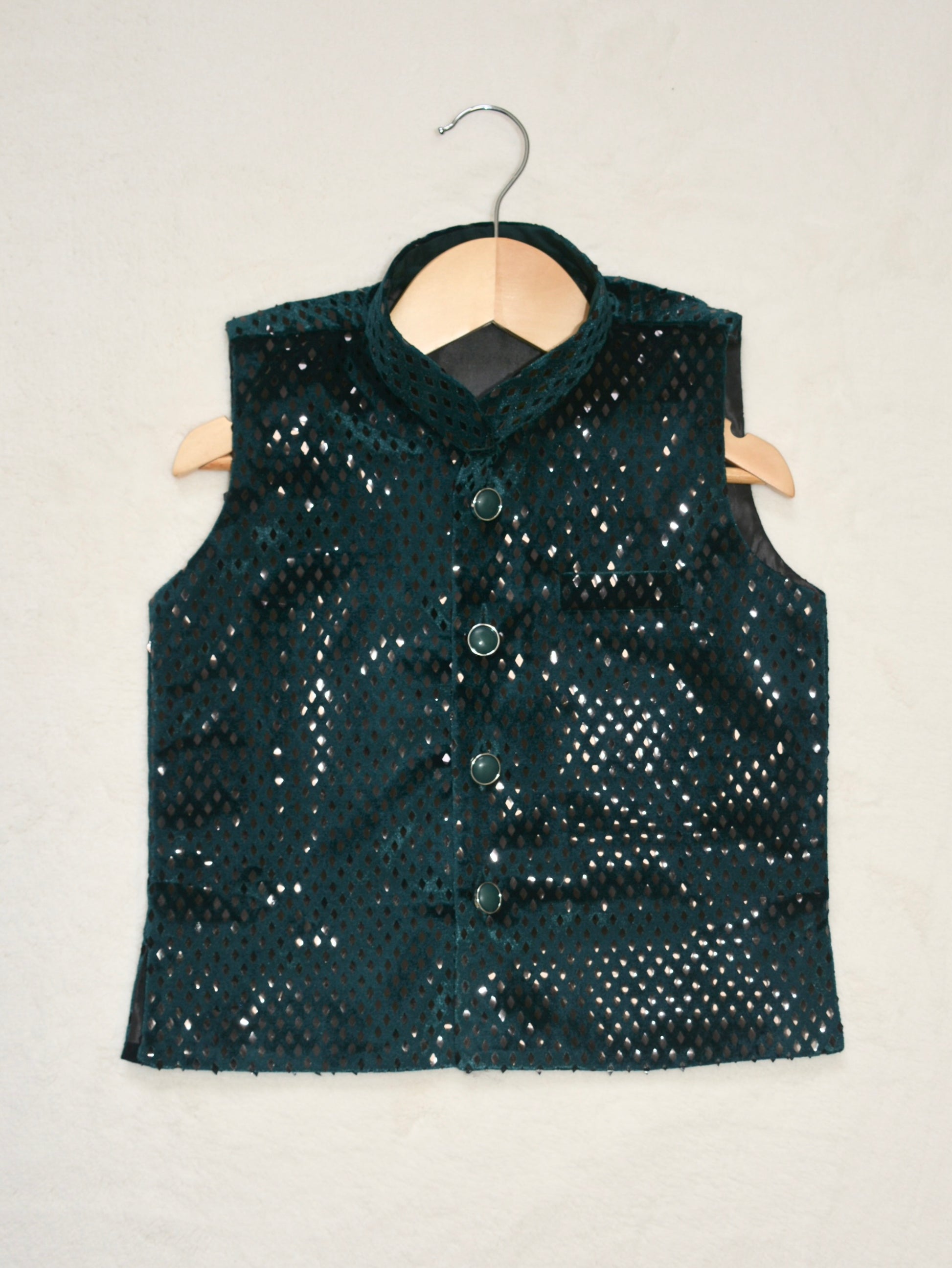 Boys Straight style Cotton Kurta & Pants with Waistcoat Bundi- Deep Sea Green - Mitthu Kids Ethnic Wear
