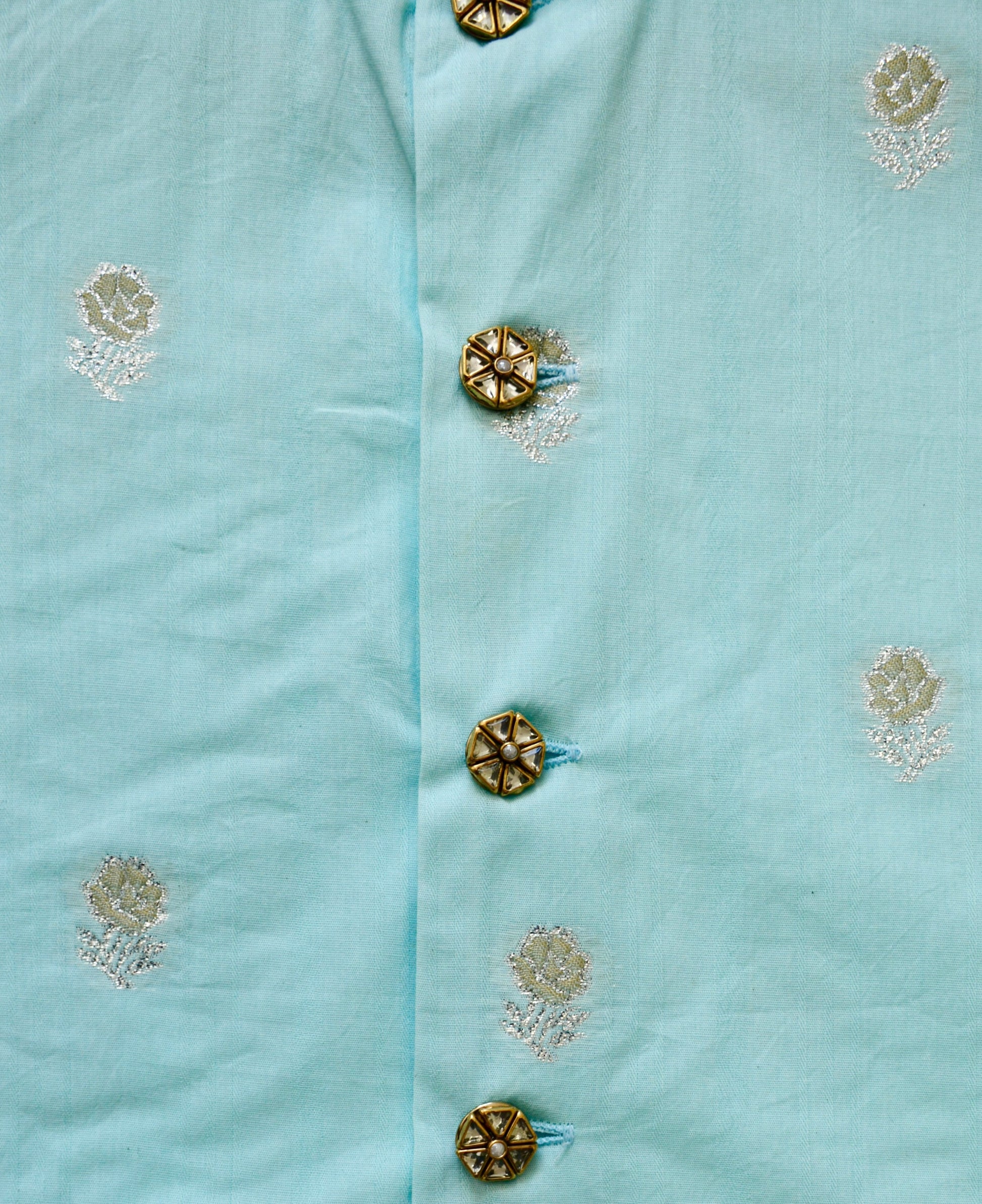 Cotton Nehru Jacket/Waistcoat - Light Blue & Silver - Mitthu Kids Ethnic Wear