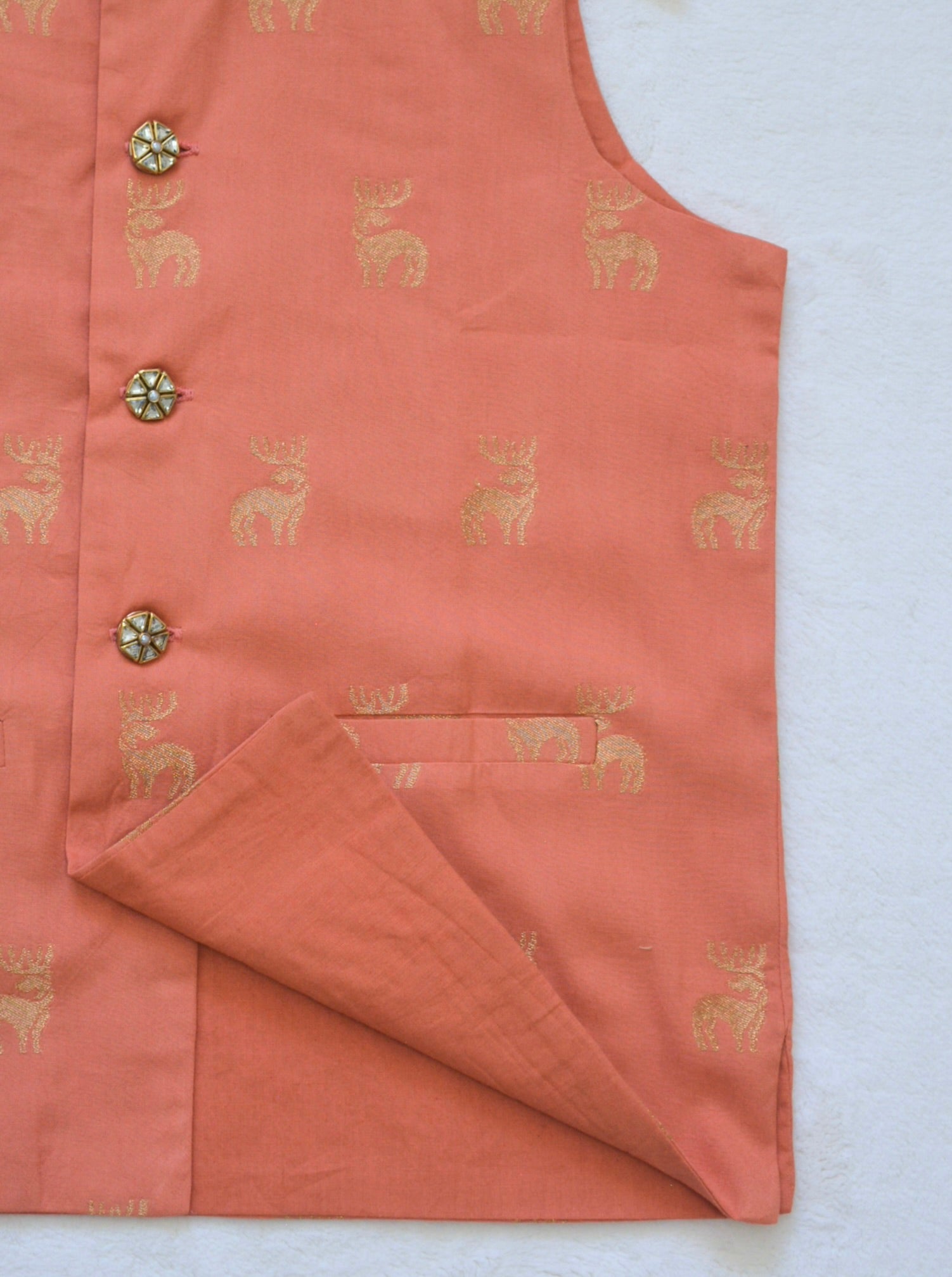 Cotton Nehru Jacket/Waistcoat - Peach & Gold - Mitthu Kids Ethnic Wear