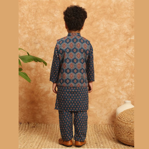 Boys Straight Style Cotton Fabric Blue Color Kurta and Pyjama with Nehru jacket - Mitthu Kids Ethnic Wear