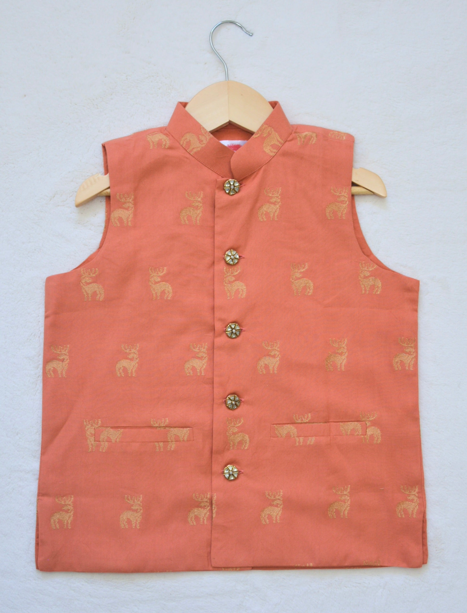 Cotton Nehru Jacket/Waistcoat - Peach & Gold - Infant - Mitthu Kids Ethnic Wear